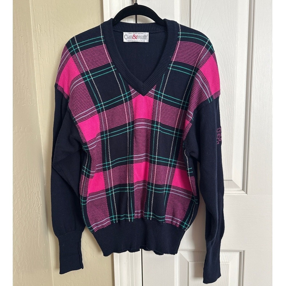 Vintage Clark &‎ Gregory Scotland Cotton Plaid Golf Sweater Honda Classic Navy M